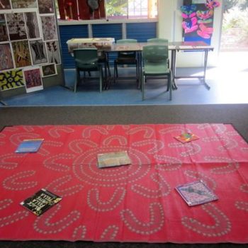 MEETING PLACE Aboriginal Design Recycled Mat, Red & Grey 1.8x2.7m